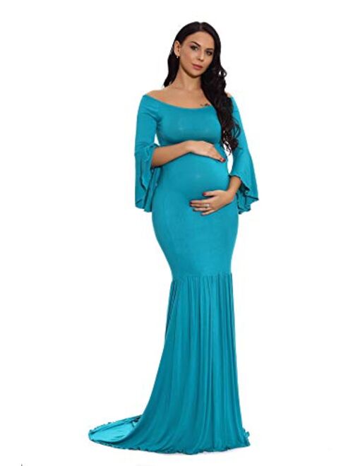 ZIUMUDY Maternity Retro Off Shoulder Flare Sleeves Mermaid Gown Maxi Photography Dress for Baby Shower