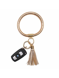 Mwfus Upgrade Round Keychain Bracelet Leather Wristlet Keychain, Large Circle Bangle Keyring Tassel Holder for Women Girls