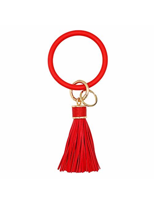 Mwfus Upgrade Round Keychain Bracelet Leather Wristlet Keychain, Large Circle Bangle Keyring Tassel Holder for Women Girls