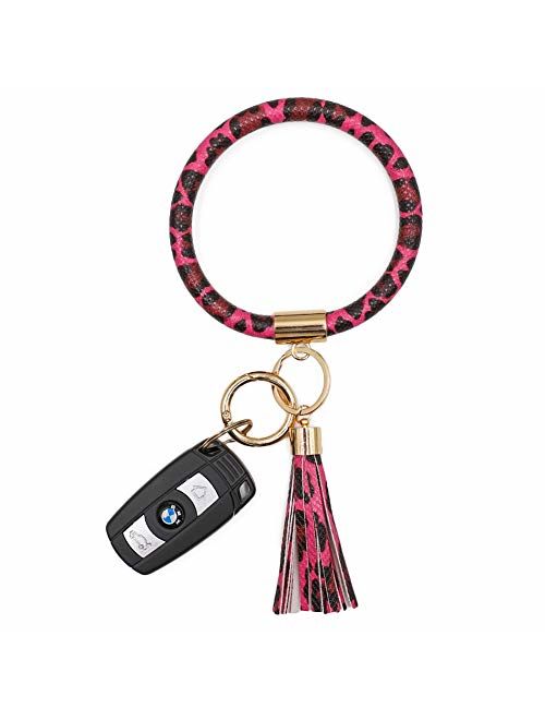 Mwfus Upgrade Round Keychain Bracelet Leather Wristlet Keychain, Large Circle Bangle Keyring Tassel Holder for Women Girls