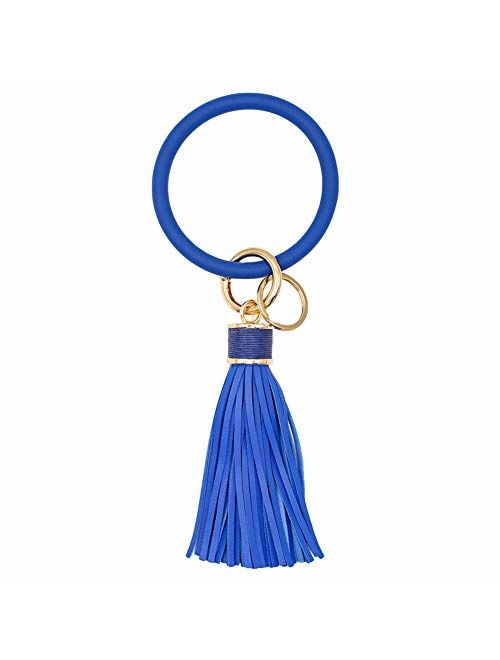 Mwfus Upgrade Round Keychain Bracelet Leather Wristlet Keychain, Large Circle Bangle Keyring Tassel Holder for Women Girls