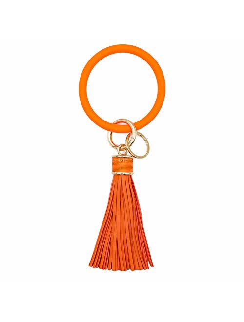 Mwfus Upgrade Round Keychain Bracelet Leather Wristlet Keychain, Large Circle Bangle Keyring Tassel Holder for Women Girls