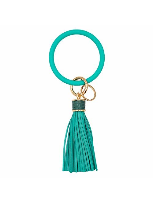 Mwfus Upgrade Round Keychain Bracelet Leather Wristlet Keychain, Large Circle Bangle Keyring Tassel Holder for Women Girls