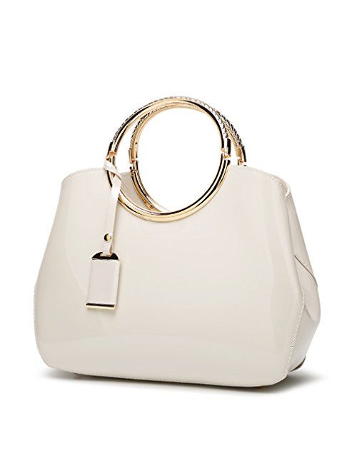 Hoxis Charm Glossy Metal Grip Structured Shoulder Handbag Women Satchel