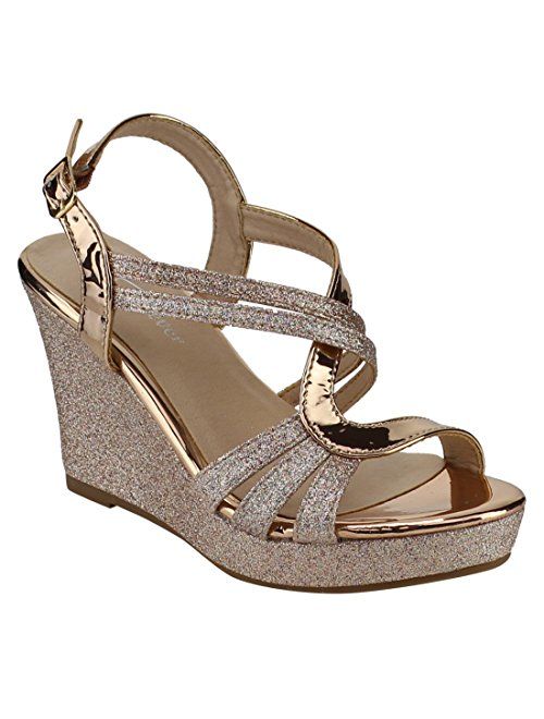 Forever FQ22 Women's Glitter Strappy Wrapped Wedge Heel Platform Sandals