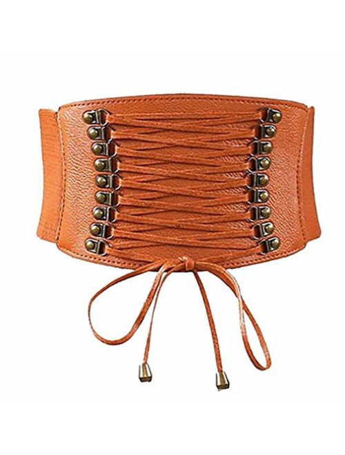 Womens PU Leather High Waist Belt Wide Elastic Stretch Cincher Corset Lace up Band