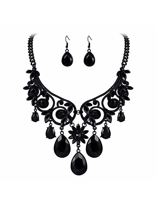 BriLove Women's Tribal Ethnic Crystal Chunky Statement Necklace Dangle Earrings Set