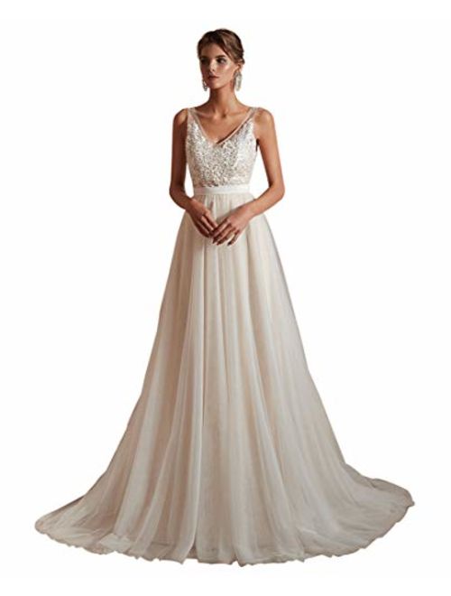 Ikerenwedding Women's V-Neck A-line Lace Tulle Long Beach Wedding Dresses for Bride