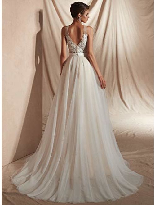 Ikerenwedding Women's V-Neck A-line Lace Tulle Long Beach Wedding Dresses for Bride