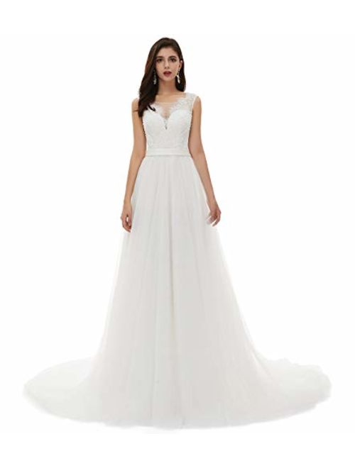 Ikerenwedding Women's V-Neck A-line Lace Tulle Long Beach Wedding Dresses for Bride