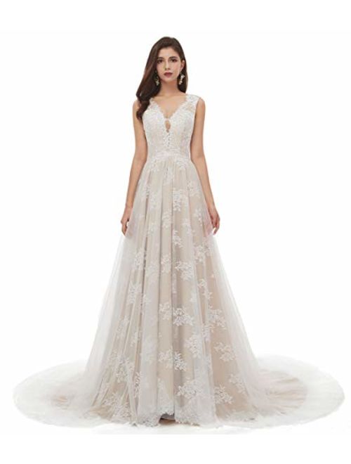 Ikerenwedding Women's V-Neck A-line Lace Tulle Long Beach Wedding Dresses for Bride