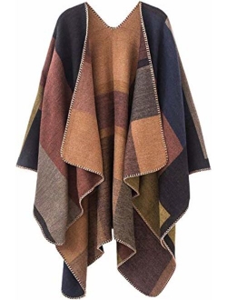 Women's Plaid Sweater Poncho Cape Coat Open Front Blanket Shawls and Wraps