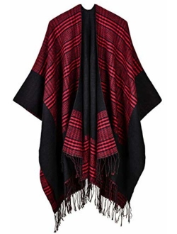 Women's Plaid Sweater Poncho Cape Coat Open Front Blanket Shawls and Wraps