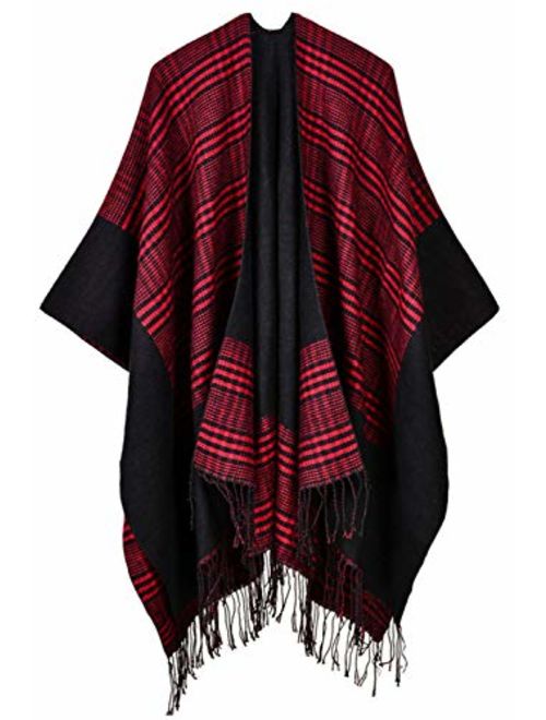 Women's Plaid Sweater Poncho Cape Coat Open Front Blanket Shawls and Wraps