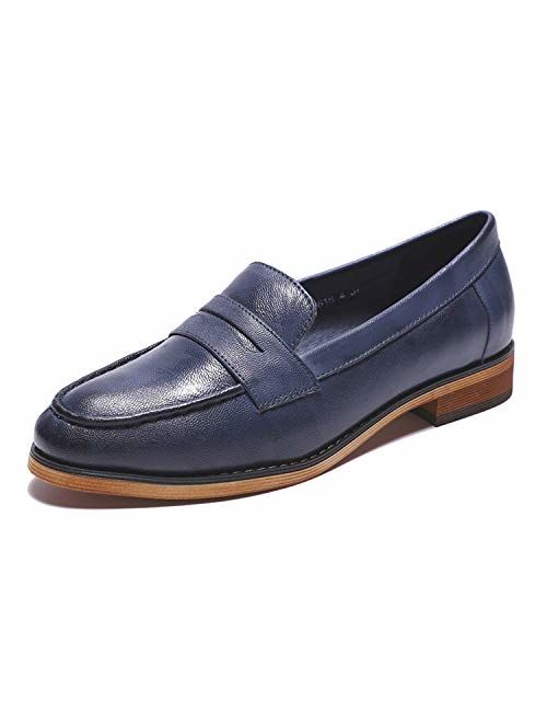 Mona flying Women's Leather Penny Loafer Casual Flat Shoes for Women Ladies Girls