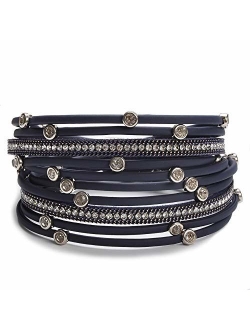 TASBERN Women Leather Wrap Bracelet Stud Beads Crystal Cuff Bracelets Jewelry for Ladies Girls