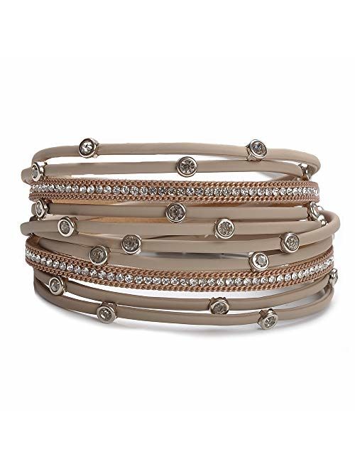 TASBERN Women Leather Wrap Bracelet Stud Beads Crystal Cuff Bracelets Jewelry for Ladies Girls