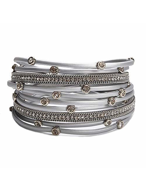 TASBERN Women Leather Wrap Bracelet Stud Beads Crystal Cuff Bracelets Jewelry for Ladies Girls