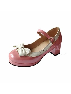 ELFY Women's Cute Lolita Cosplay Shoes Bow Mid Chunky Heel Mary Jane Pumps