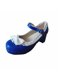 ELFY Women's Cute Lolita Cosplay Shoes Bow Mid Chunky Heel Mary Jane Pumps