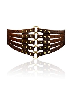 Fashion Women's PU Leather Wide Waist Belt Hollow Out Rivets Stretch Cinch Waistband