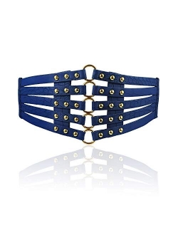 Fashion Women's PU Leather Wide Waist Belt Hollow Out Rivets Stretch Cinch Waistband