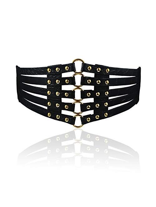 Fashion Women's PU Leather Wide Waist Belt Hollow Out Rivets Stretch Cinch Waistband