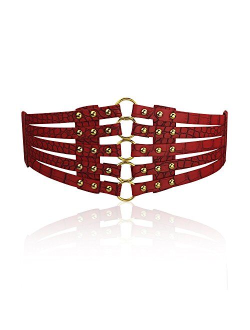 Fashion Women's PU Leather Wide Waist Belt Hollow Out Rivets Stretch Cinch Waistband