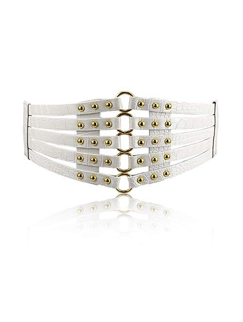 Fashion Women's PU Leather Wide Waist Belt Hollow Out Rivets Stretch Cinch Waistband