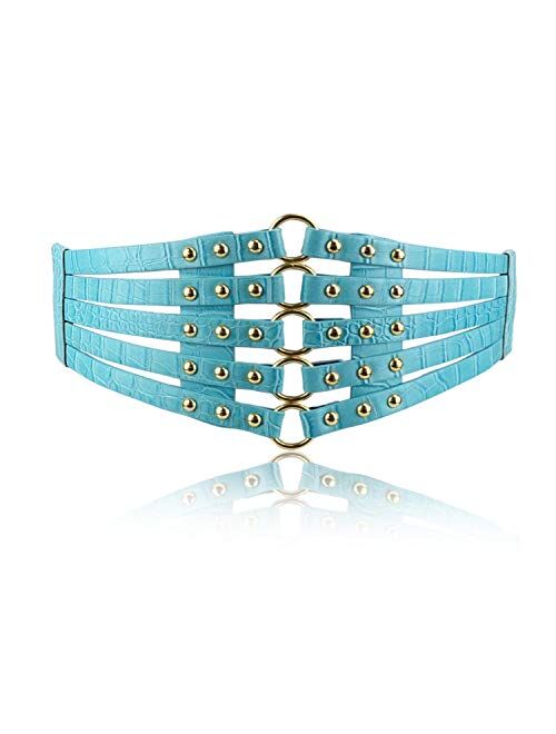 Fashion Women's PU Leather Wide Waist Belt Hollow Out Rivets Stretch Cinch Waistband