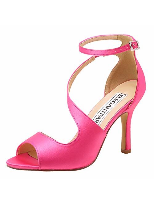 ElegantPark Women's Peep Toe High Heels Ankle Straps Buckles Satin Evening Party Prom Sandals