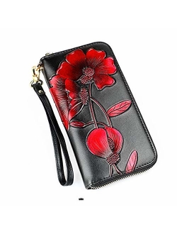 Women RFID Leather Wallet Hand Painted Flowers Ladies Wristlet Wrist strap Long Purse-Peony/Bauhinia