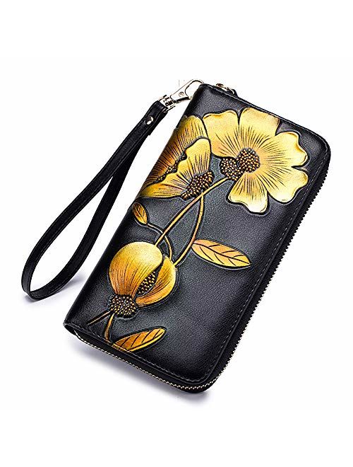 Women RFID Leather Wallet Hand Painted Flowers Ladies Wristlet Wrist strap Long Purse-Peony/Bauhinia