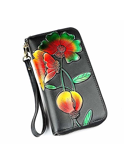 Women RFID Leather Wallet Hand Painted Flowers Ladies Wristlet Wrist strap Long Purse-Peony/Bauhinia