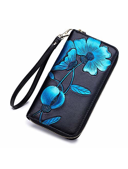 Women RFID Leather Wallet Hand Painted Flowers Ladies Wristlet Wrist strap Long Purse-Peony/Bauhinia