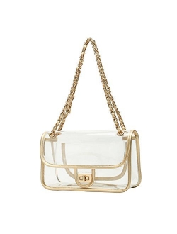 Lam Gallery Womens PVC Clear Purse Handbags for Working NFL Stadium Approved Bag Turn Lock Chain Shoulder Bag