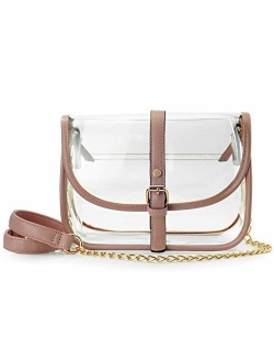 Clear Saddle Cross Body Bag Women Chain Shoulder Handbag Purse with Faux Leather Trim