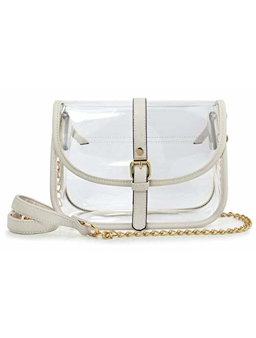 Clear Saddle Cross Body Bag Women Chain Shoulder Handbag Purse with Faux Leather Trim