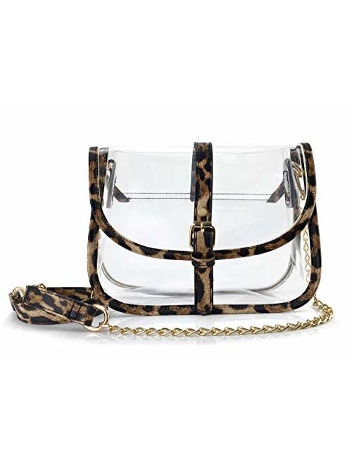 Clear Saddle Cross Body Bag Women Chain Shoulder Handbag Purse with Faux Leather Trim