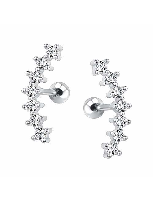 Curve Seven Stud CZ Stud Earrings 316L Stainless Steel Ear Helix Conch Cartilage Piercing