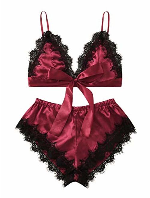 SweatyRocks Women's Lace Trim Underwear Lingerie Straps Bralette and Panty Set