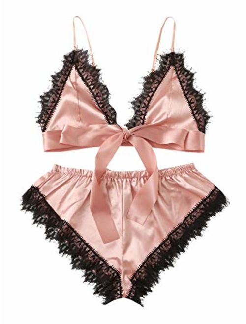 SweatyRocks Women's Lace Trim Underwear Lingerie Straps Bralette and Panty Set