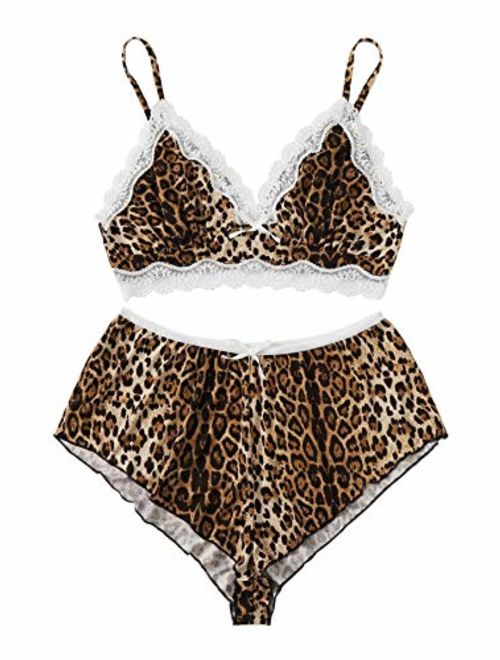 SweatyRocks Women's Lace Trim Underwear Lingerie Straps Bralette and Panty Set