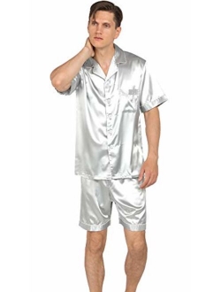 YIMANIE Mens Satin Pajamas Set Short Sleeve and Shorts Classic Sleepwear Loungewear