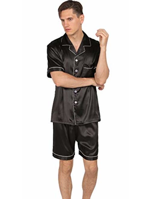 YIMANIE Mens Satin Pajamas Set Short Sleeve and Shorts Classic Sleepwear Loungewear