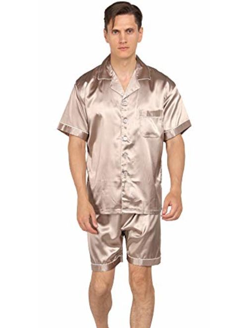 YIMANIE Mens Satin Pajamas Set Short Sleeve and Shorts Classic Sleepwear Loungewear