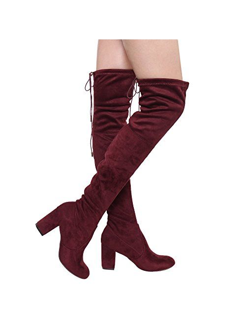 ShoBeautiful Women's Thigh High Boots Stretchy Over The Knee Chunky Block Heel Boots