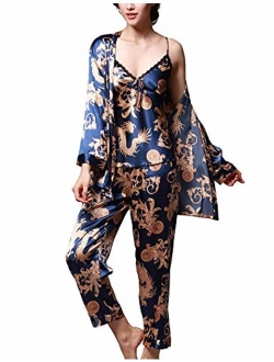 Romanstii Silk Satin Pajamas Sleepwear Set Sexy Cami PJ Nightwear 3 Pieces