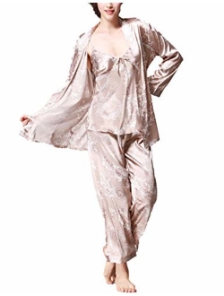 Romanstii Silk Satin Pajamas Sleepwear Set Sexy Cami PJ Nightwear 3 Pieces