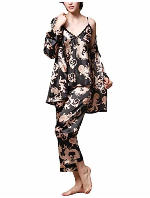 Romanstii Silk Satin Pajamas Sleepwear Set Sexy Cami PJ Nightwear 3 Pieces